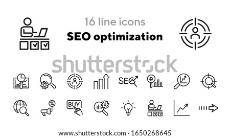 SEO optimization icons. Set of line icons. Achieving results, brand manager. SEO concept. Vector illustration can be used for topics like internet, marketing Royalty-Free Stock Photo #1650268645