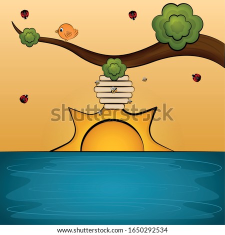 Bird on a branch over a beautiful sunset cartoon - Vector