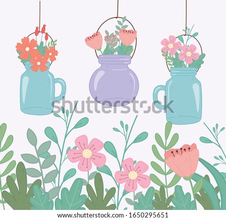 hanging mason jars with flowers nature foliage decoration vector illustration