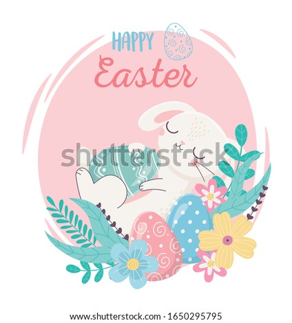 happy easter sleeping rabbit with eggs on flowers nature vector illustration