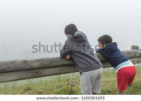 horizontal shot of two children leaning on a wooden fence looking at the fog