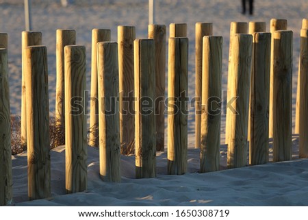 Close up outdoor view of a fence made of small wooden poles. Pattern of vertical pieces of wood. Abstract design with brown elements located on a french beach. Natural limit.