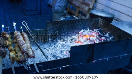 Grilled kebabs. Barbecue with barbecue, fire. Grill food, barbecue. street food. Banner. copyspace
