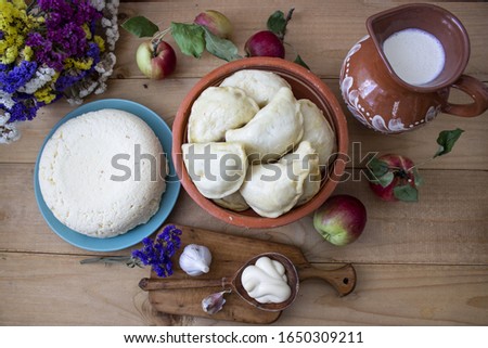 Dairy products background. Healthy food. Vegetarian food. Dumplings and cheese with milk. Nutritious food. To cook. Healthy food, lifestyle. view from above. copyspace