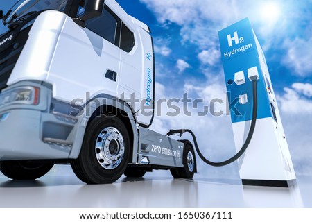 hydrogen logo on gas stations fuel dispenser. h2 combustion Truck engine for emission free ecofriendly transport. Royalty-Free Stock Photo #1650367111