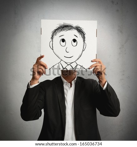 Optmist businessman with cartoon smiling designed on a sheet