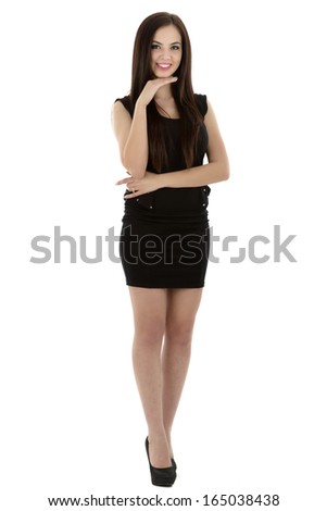 portrait of young beautiful girl with long black hair and clean skin over white
