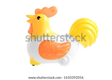 miniature toy chicken car isolated on white background