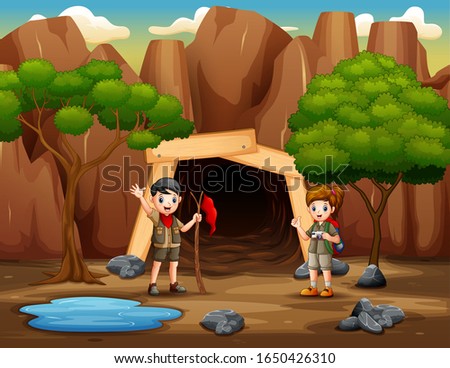 Scene with scout kids hiking by a mine