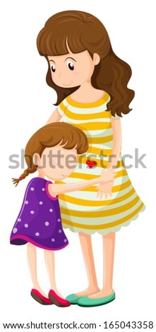 Illustration of a daughter hugging her mother on a white background