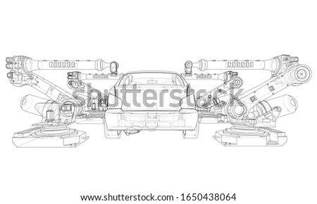 Assembly of motor vehicle. Robotic equipment makes Assembly of car. Blueprint style. Vector rendering from 3D model