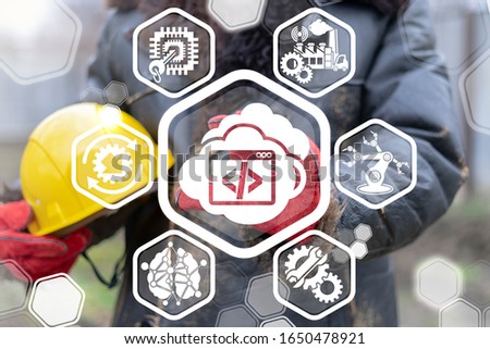 Software Development Factory Production Process Automation Concept. Industrial programmer engineeer touch cloud code web page icon. Industry Innovative Interface.