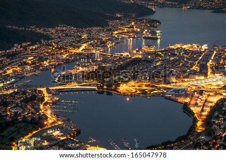 Night panorama of Bergen. Norway