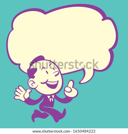Retro Style of cute business man talking while walking with a big speech bubble for text area.