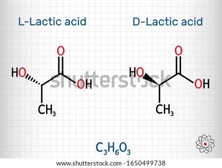 L-Lactic acid and D-Lactic acid, lactate, milk sugar, C3H6O3 molecule. It is chiral, consisting of two enantiomers.  Structural chemical formula. Sheet of paper in a cage. Vector illustration Royalty-Free Stock Photo #1650499738