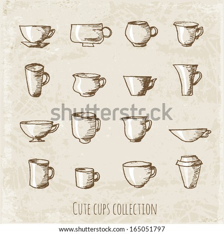 Sketches of cups in vintage style. Hand-drawn with ink. Vector illustration. 