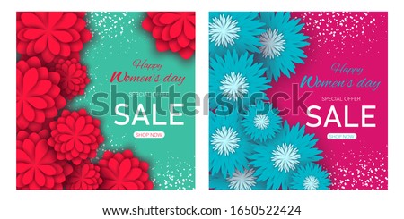 Set sale banners women's day. March 8 flower card. International Happy Women's Day. Holiday 3d background of blue and red paper flower on pink and green backdrop with square frame. Trendy design