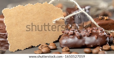 Appetizing food background. Sweets and coffee beans around the card for notes. Panoramic banner.