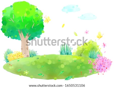 Big tree with flowers and leaves Green field illustration