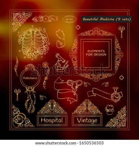 Perfect medical elements for doctors, anatomy, lovely human organs and medic theme with roses. Vector abstract signs, symbols, frames, boxes, dividers, borders. New and different arts in each set