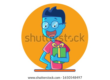 Vector cartoon illustration of cheerful blue alien boy with gift box. Isolated on white background.
