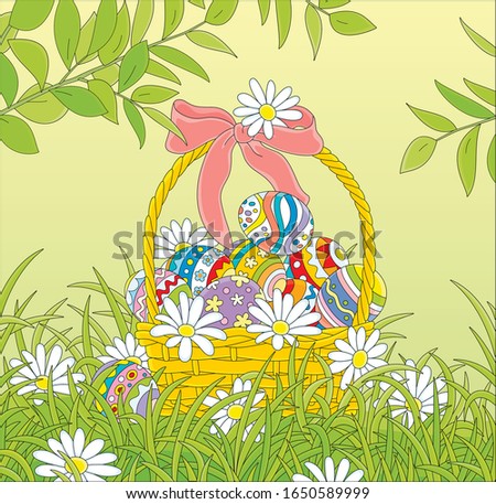 Easter wicker basket of colorfully painted eggs decorated with a beautiful pink bow and white flowers in a green spring garden, vector cartoon illustration