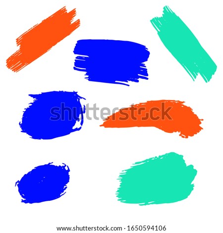 Set Of Hand Drawn Colorful Dirty Brushes. Orange Old Dirty Wall. Gouache Acrylic Paint. Blue Splash Banner. Watercolor Layer. Yellow Distress Wallpaper. Brush Banner.