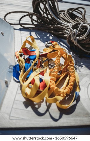 Safety equipment and ropes on a boat