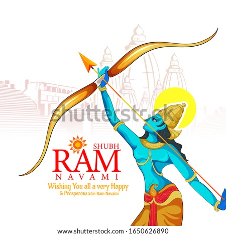 vector illustration of Lord Rama with message in hindi  Shri Ram Navami with Bow & Arrow white background