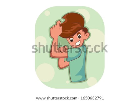 Vector cartoon illustration of cheerful boy showing muscles. Isolated on white background.