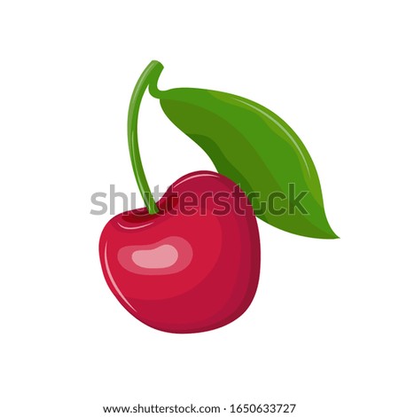 Red cherry in a vector on a white background. Garden berry with a leaf on the stem. Sweet fruit. Berry icon. Hand drawn vector illustration.