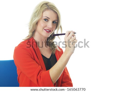Beautiful Young Blond Caucasian Business Woman, In Her Twenties, Holding A Pen, Isolated On White