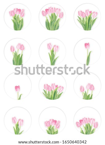 Watercolor pink tulip flowers in paper cut style inside round frame with copy space. Simple and beautiful composition. Good for paper cards, logos, label, tags, scrapbooking, sticker pack, baby shower