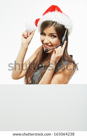Operator woman worker. Blank white board. Christmas Santa hat. Business New Year.