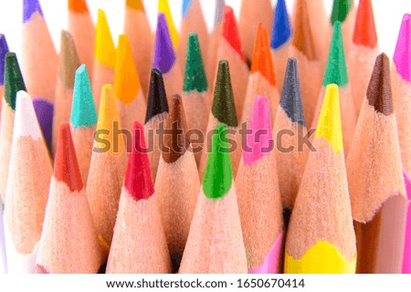 sharpened colored pencils closeup, front view