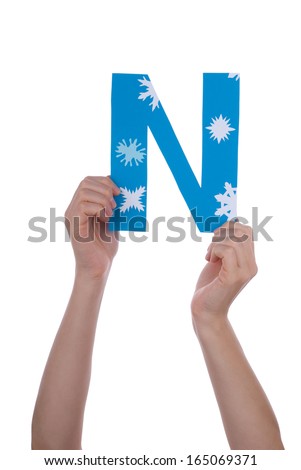 Two Hands Holding a N with Snowflakes, Isolated