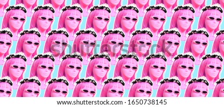Seamless pattern. Pink Mannequin in stylish sunglasses.Use for t-shirt, greeting cards, wrapping paper, posters, fabric print.