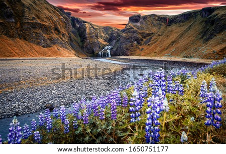 Scenic image of Iceland nature. Amazing Natural scenery. Colorful summer sunrise, Waterfall with dramatic picturesque sky. Picture of wild area. Iceland the most beautiful and best travel place