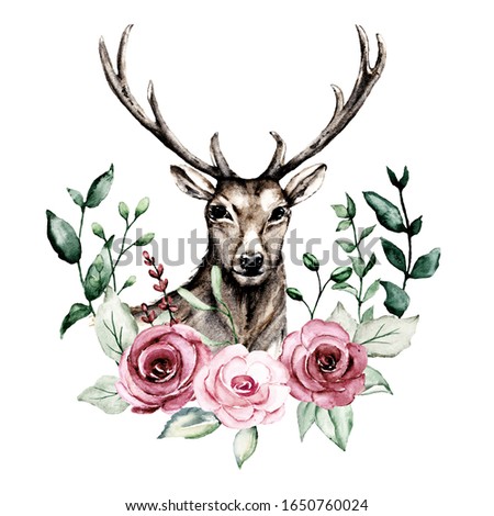 Deer head antlers with watercolor flowers pink roses and leaf. Sketch stag, animal illustration. Isolated on white. Hand drawing antlers for printing design, tattoo and other.