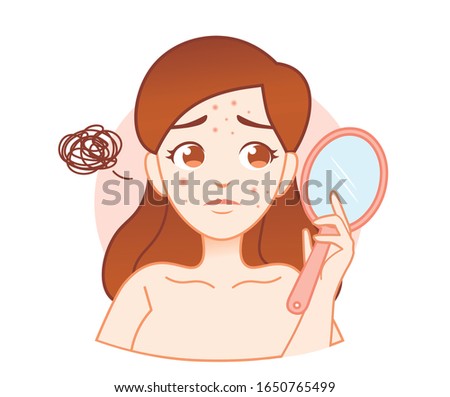 Girl with acne looks in the mirror. Skin problem.