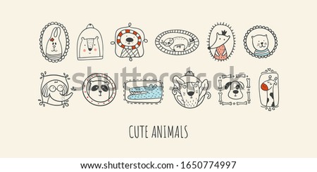 Hand drawn vector illustration with rabbit, bear, sloth, giraffe, fox, crocodile, panda, tiger, cat, dog, elephant in different photo frames. Cute collection with animals.