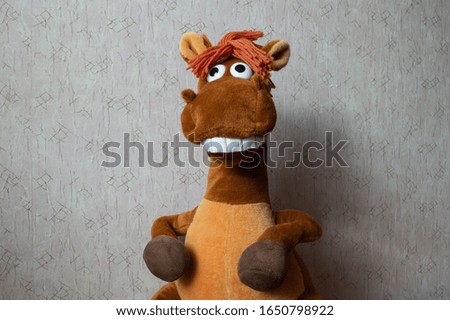 Crazy toy horse on wall background