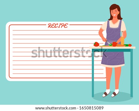 Happy woman stand by table on kitchen. Housewife cook with recipe from cookbook, cut fresh vegetables. Desk with organic products as pepper and tomato, cucumber and carrot. Vector illustration in flat