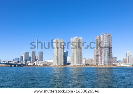Cityscape of Harumi in Chuo city on a sunny day