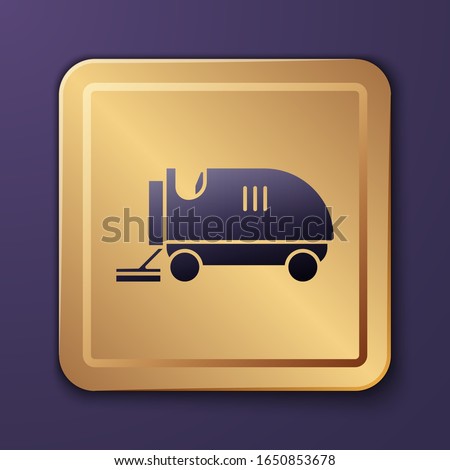 Purple Ice resurfacer icon isolated on purple background. Ice resurfacing machine on rink. Cleaner for ice rink and stadium. Gold square button. Vector Illustration