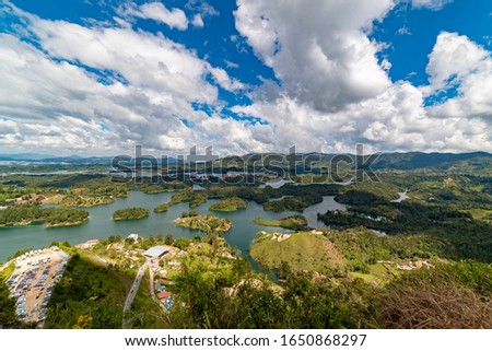 Panoramic landscape of the lake of Guatape from Rock of Guatape, Piedra Del Penol, in Medellin area, Colombia