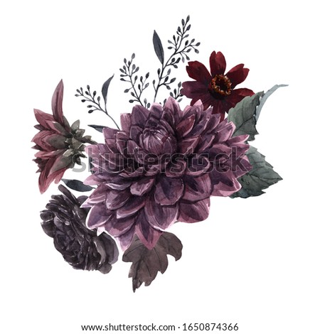 Beautiful bouquet composition with watercolor dark blue, red and black dahlia hydrangea flowers. Stock illustration.