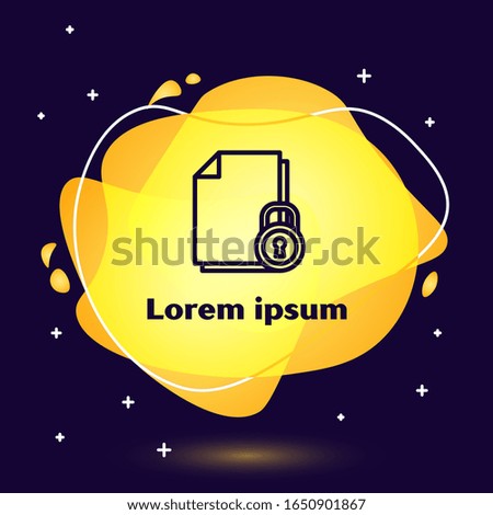 Black line Document and lock icon isolated on blue background. File format and padlock. Security, safety, protection concept. Abstract banner with liquid shapes. Vector Illustration