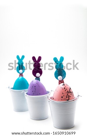 Easter eggs and hares of different colors isolated on white background