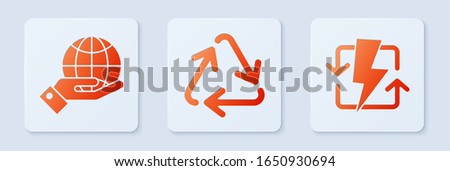 Set Recycle symbol, Human hands holding Earth globe and Recharging. White square button. Vector